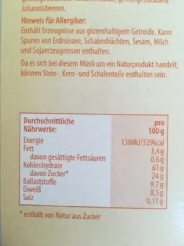 Musli ingredients label