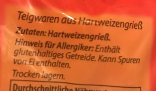 Penne ingredients label