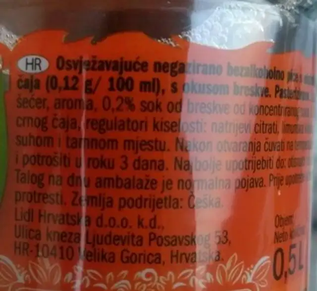 Ice Tea ingredients label