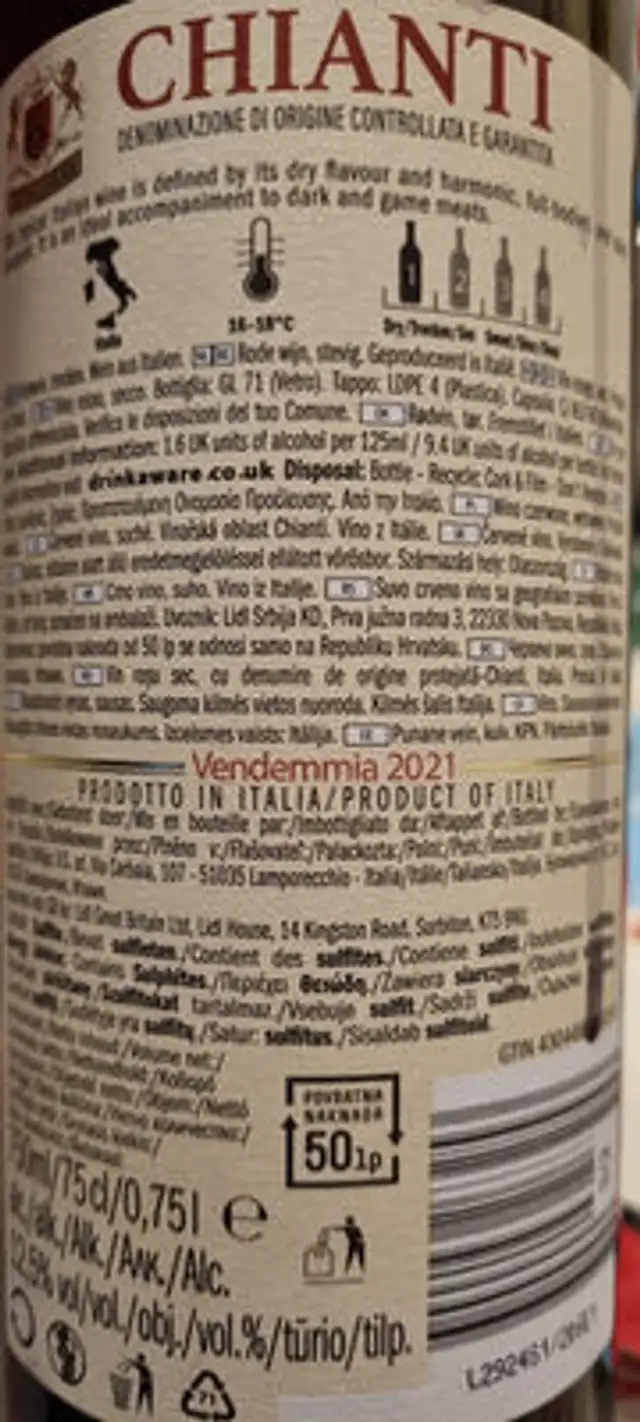 Vin Rouge Chianti 2017 ingredients label