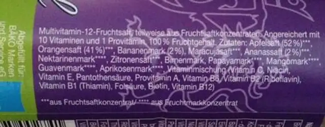 Multivitaminsaft, 12 Frucht ingredients label