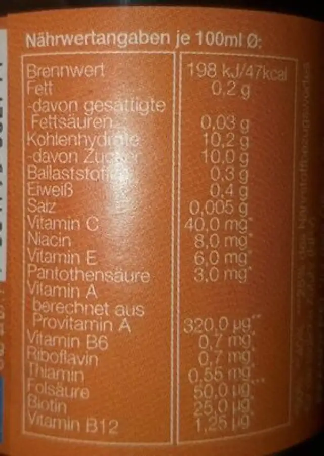 Multivitaminsaft, 12 Frucht nutrition facts table