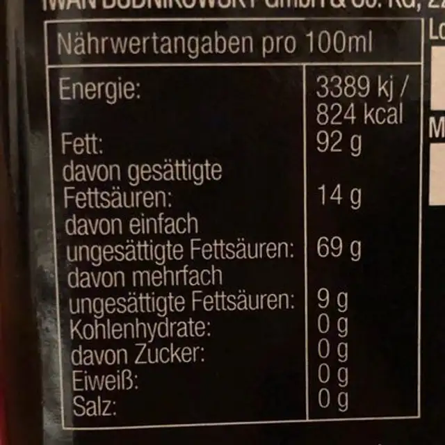 Huile d'olive nutrition facts table
