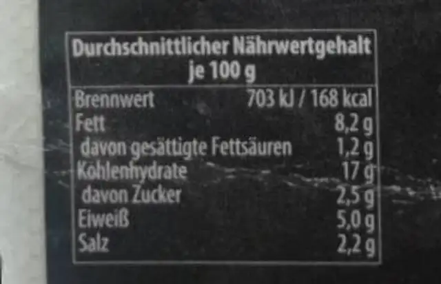 Gemüsenudeln nutrition facts table