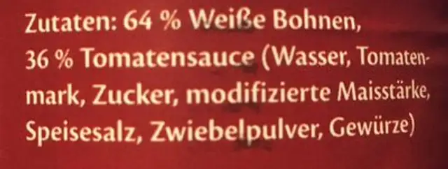 Gebackene bohnen ingredients label