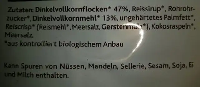 EnerBio   Dinkel Crunchy, Dinkel Crunchy ingredients label