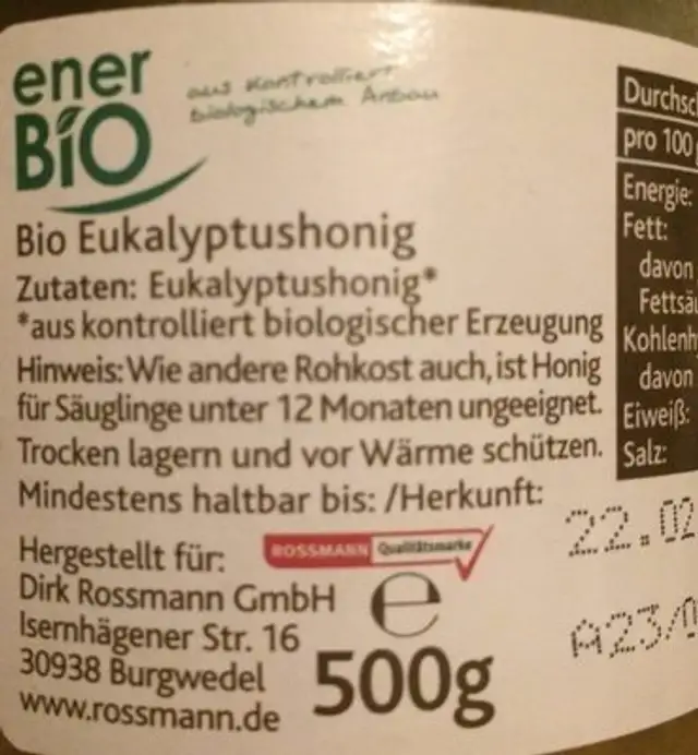 Eukalyptushonig ingredients label