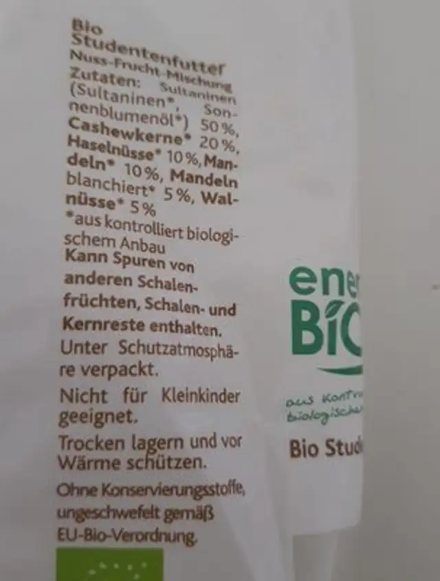 Enerbio Studentenfutter ingredients label