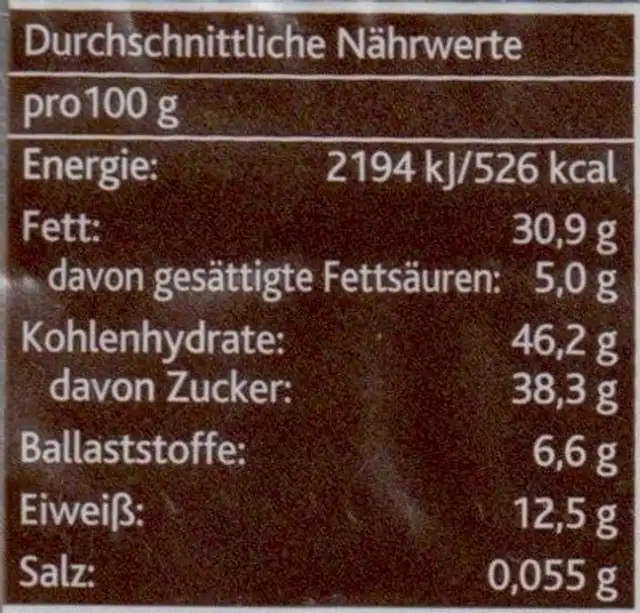 Sesam-Krokant-Riegel nutrition facts table