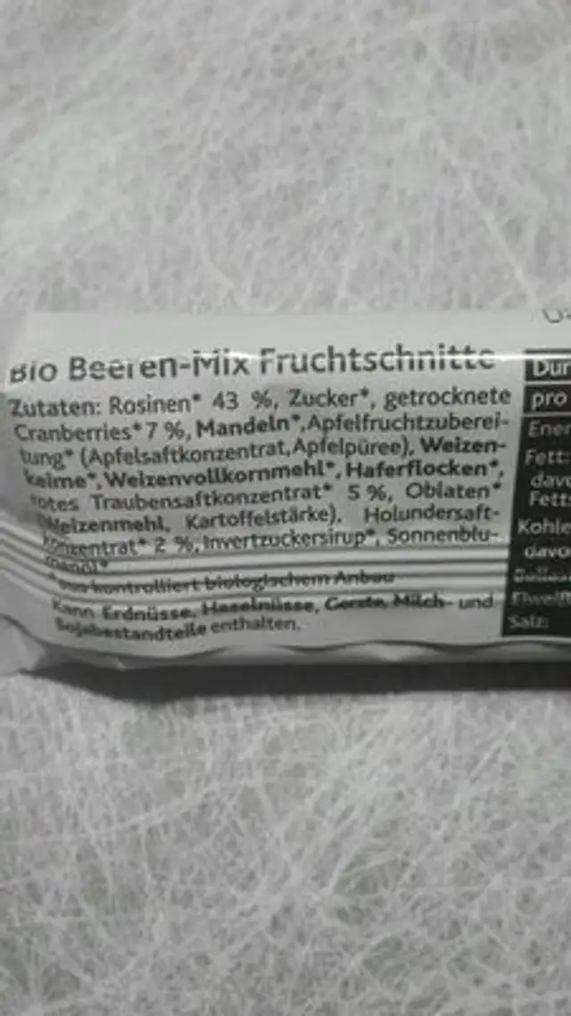 Beeren mix fruchtschnitte ingredients label