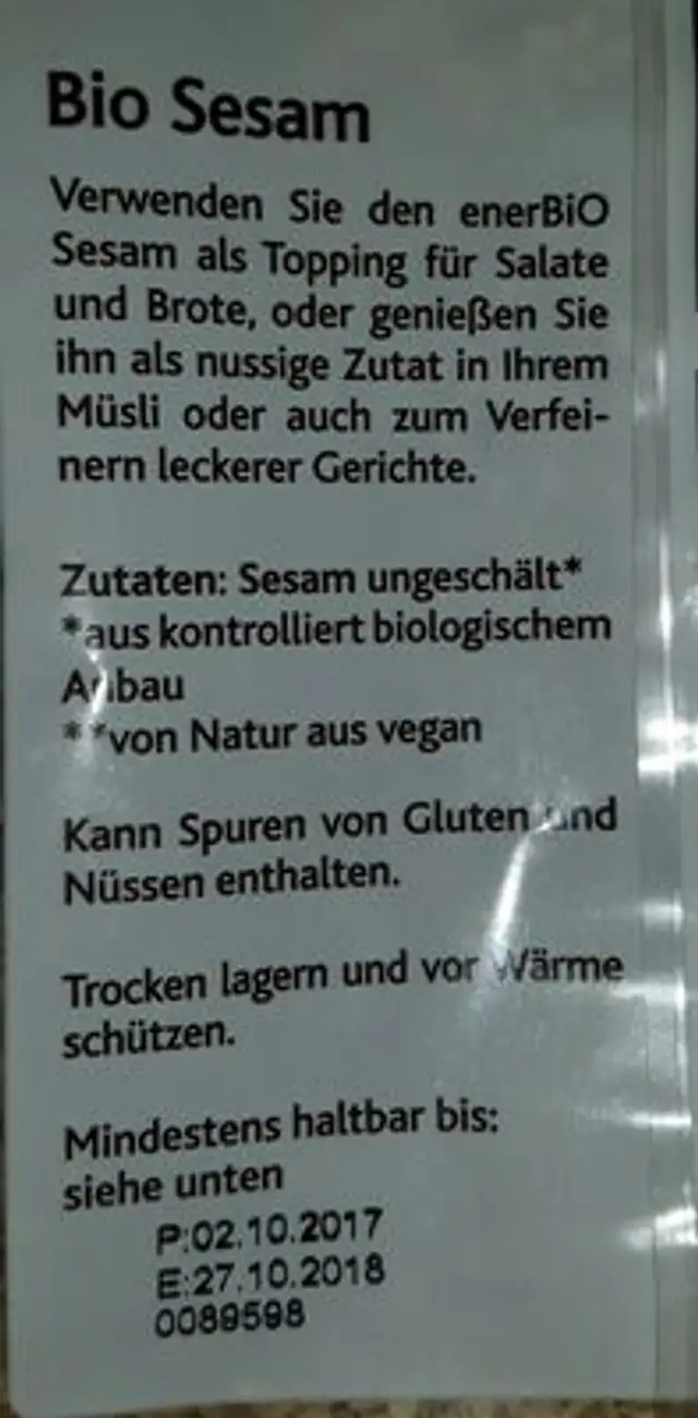 Sesam ungeschält weiß ingredients label
