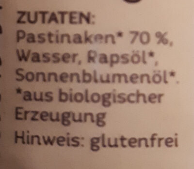 Pastinake pur ingredients label