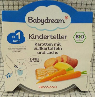 Kinderteller Karotten mit Süßkartoffeln und Lachs