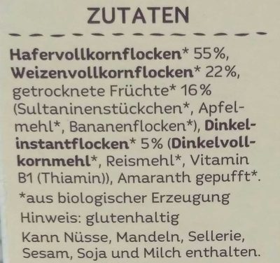 Baby Müsli  mit Getreide und Früchten ingredients label