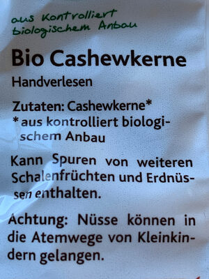 Cashewkerne ingredients label