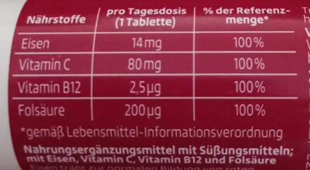 Eisen + Vitamine nutrition facts table