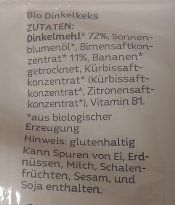 Dinkelkekse ingredients label