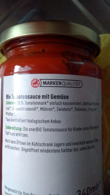 Kinder Tomatensauce ingredients label