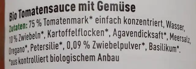 Klassik Tomatensauce ingredients label