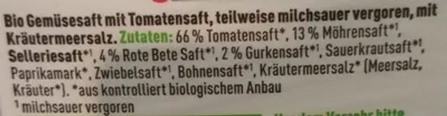 Gemüse Saft ingredients label