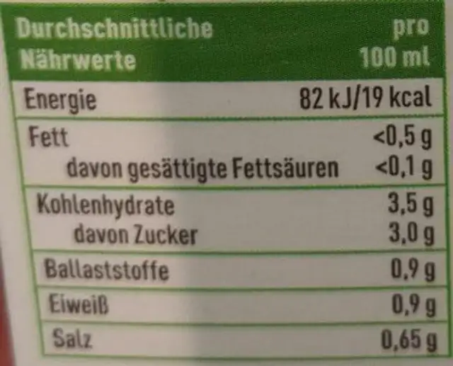 Gemüse Saft nutrition facts table