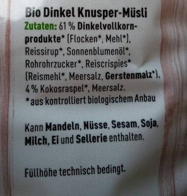 Dinkel Crunchy ingredients label