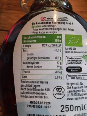 Ahornsirup ingredients label