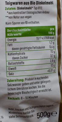 Dinkel Penne ingredients label