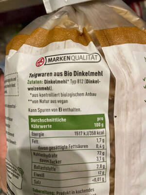 Dinkel Spirelli ingredients label