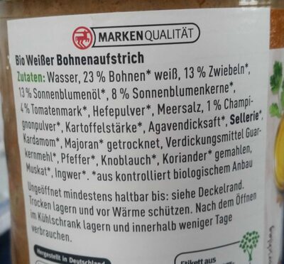Vegetarischer Bohnenaufstrich ingredients label