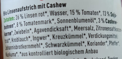Fernöstliche Linse Protein - Aufstrich ingredients label