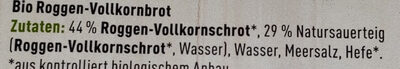 Ener Bio Roggen Vollkornbrot ingredients label
