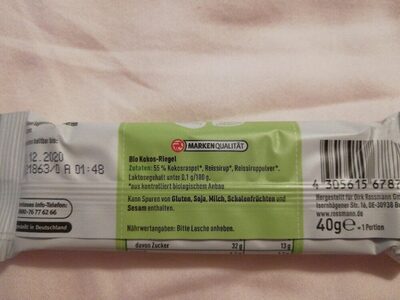 Kokos-Fruchtriegel Rossmann ingredients label