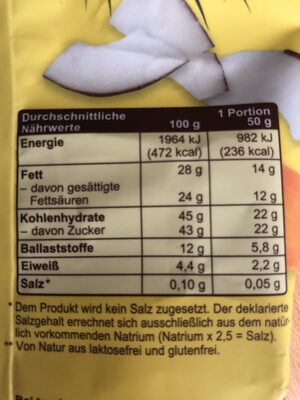 Kokos-Mango-Mix nutrition facts table