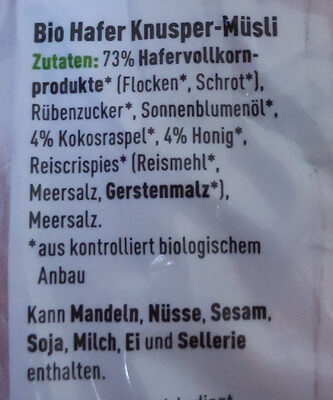 Hafer Crunchy ingredients label
