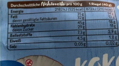 Kokos Natur Riegel nutrition facts table