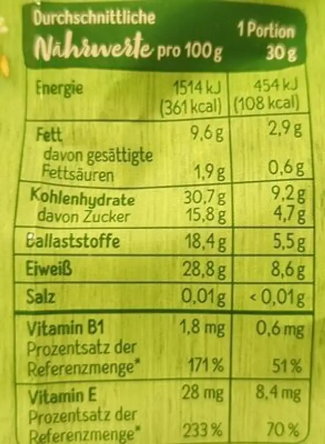 Weizenkeime nutrition facts table