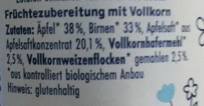 Apfel Birnen Vollkornmüsli ingredients label