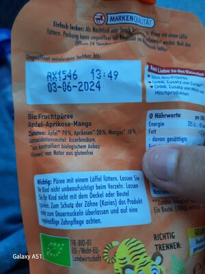 Apfel,Aprikose&Mango Quetschi ingredients label