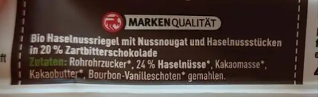 Schokoriegel Haselnuss & Nougat ingredients label