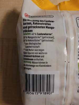 Cashew Mango Kokos Mix ingredients label