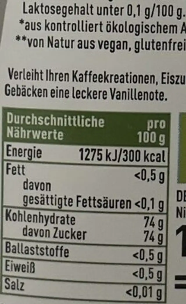 Sirup Vanille nutrition facts table