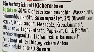ener Bio Hummus ingredients label