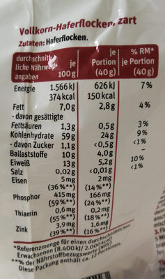 Vollkorn-Haferflocken zart nutrition facts table