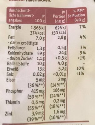Vollkorn-Haferflocken kernig nutrition facts table