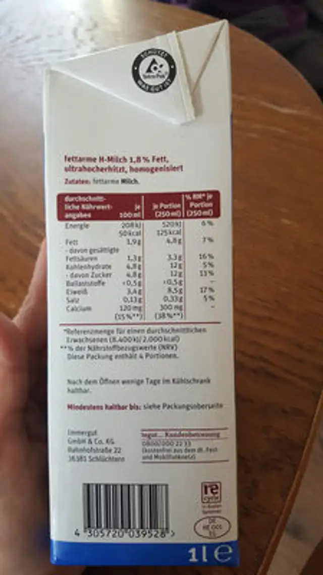 H-Milch aus Hessen ingredients label