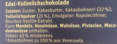 Venezuela 43% Edel-Vollmilchschokolade ingredients label