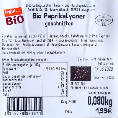 Paprikalyoner ingredients label