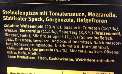 Pizza Tirolese ingredients label