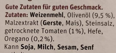 Grissini al pomodoro e origano ingredients label